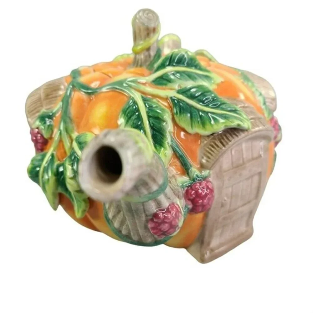 Fitz‎ and Floyd Teapot Its Harvest Time Embossed Handpainted Pumpkin House READ
